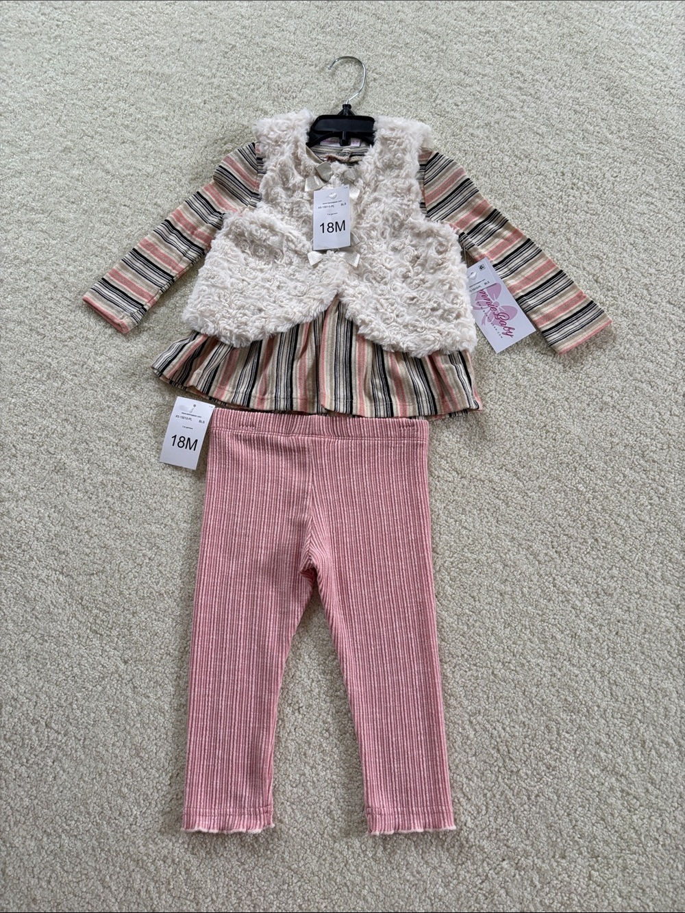 Bonnie Jean Pink Striped Top with Cream Faux Fur Vest and Pink Ribbed Leggings